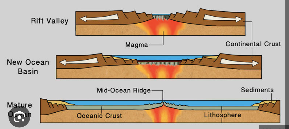 <p>Plates are <u>moving away</u> from each other.</p><p>\n A geologically recent mantle plume splits a continental plate to create a new ocean basin. Basaltic volcanoes and minor earthquakes.  \n <em>E.g. African Rift Valley/Red Sea</em></p>
