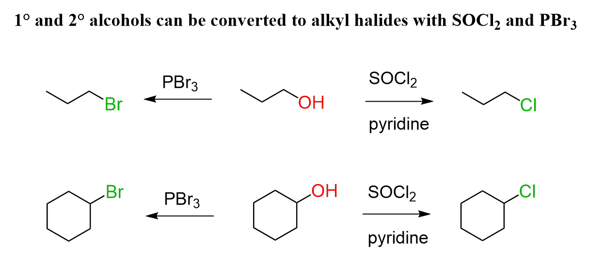 <p>HX or SOCl<sub>2</sub> (+ base)<sub> </sub> or PBr<sub>3</sub></p>