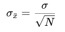 <ul><li><p>standard deviation of the distribution of means</p></li><li><p>tells you how precise your sample mean is, based on number of measurements</p><ul><li><p>more measurements take, the smaller the error</p></li></ul></li></ul><p></p>