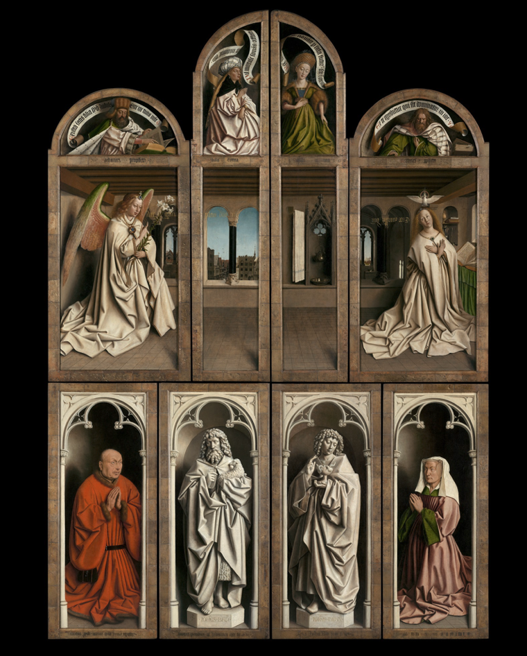 <p>Who created this piece, what year?</p><p>What church was this installed in?</p><p>What was he the inventor off?</p><p>What are three hinged pannels called?</p>