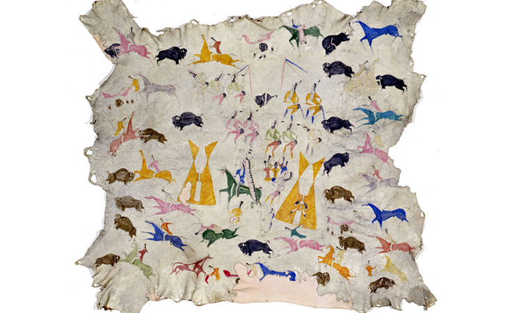<p>A piece of native artwork that shows a mixture of native and Europeans elements which highlights the changing landscape of America with European settlers. It depicts a traditional native bison hunt but with the inclusion of guns and horses showcasing more European elements. The piece in general focusing on design and subject over naturalism and was probably made to be a reminder of better time for the Shoshone people. </p>
