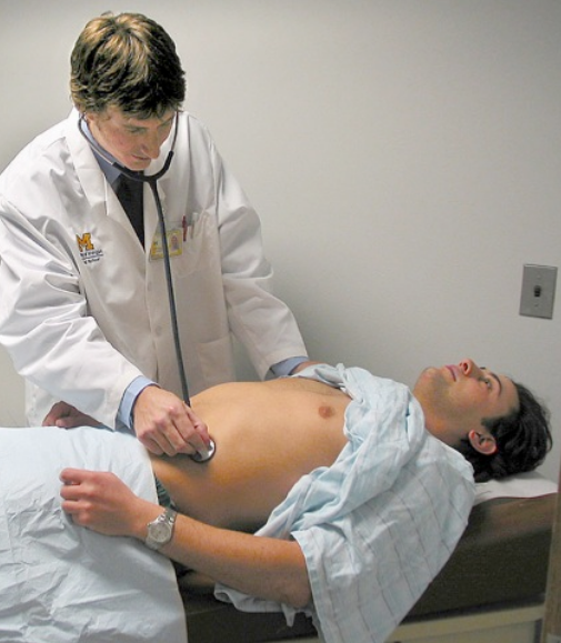 <p>To listen, typically with a stethoscope, to sounds produced by the body (e.g., heartbeat, lung sounds).</p>
