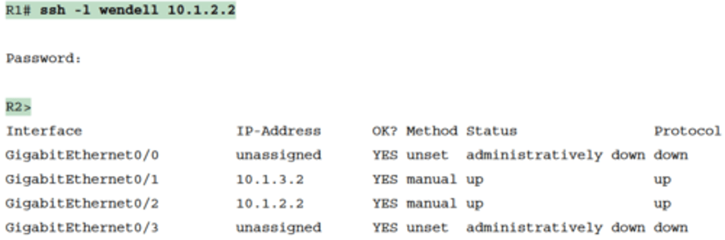 <p>-The ssh -l username host command in Example 18-8 follows the same basic ideas as the telnet host command, but with an SSH client</p><p>-The -l flag means that the next parameter is the login username</p><p>-In this case, the user begins logged in to Router R1 and then uses the ssh -l wendell 10.1.2.2 command to SSH to Router R2</p><p>-R2 expects a username/password of wendell/odom, with wendell supplied in the command and odom supplied when R2 prompts the user</p><p>-When you have finished using the other router, you can log out from your Telnet or SSH connection using the exit or quit command</p>