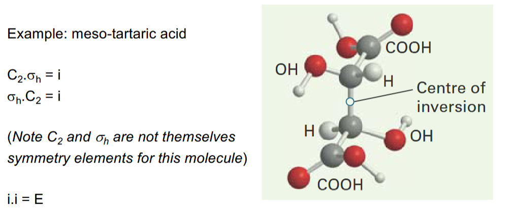 <p>inversion i swaps (x,y,z) with (-x,-y,-z) through a centre of inversion</p>