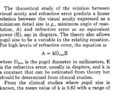 <p>it is in MAR minimum angle of resolution </p><p>A= refractive error</p><p>E= power in dioptres </p><p>Dmm= pupil diameter</p><p>k= constant estimated from theory 0.83 </p><p>E could be the spherical equivalent refractive error or the vector refractive error </p><p>advantage of smiths is that is includes pupiil diameter </p>