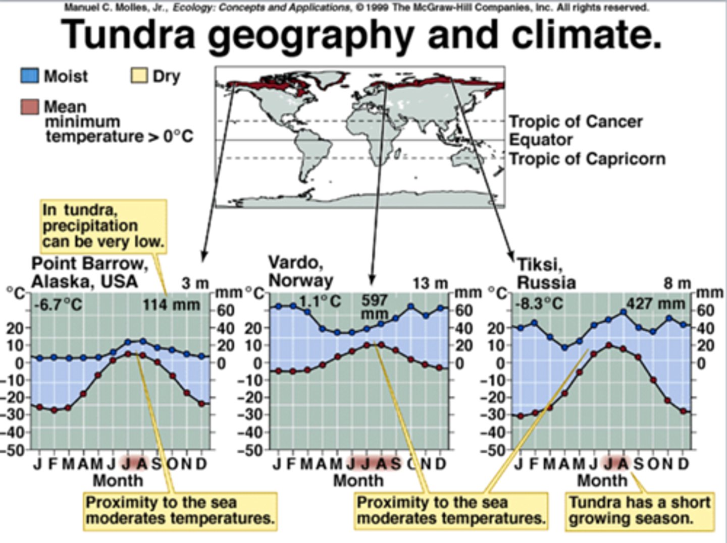 <p>Treeless arctic or alpine biome characterized by cold, harsh winters, a short growing season, and potential for frost any month of the year; vegetation includes low-growing perennial plants, mosses and lichens</p>