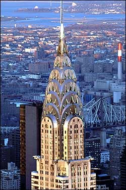 <p>Building</p><p>Chrysler Building</p><p>1930</p><p>considered a leading example of Art Deco architecture. It is constructed of a steel frame in-filled with masonry, with areas of decorative metal cladding. The structure contains 3,862 exterior windows.</p>