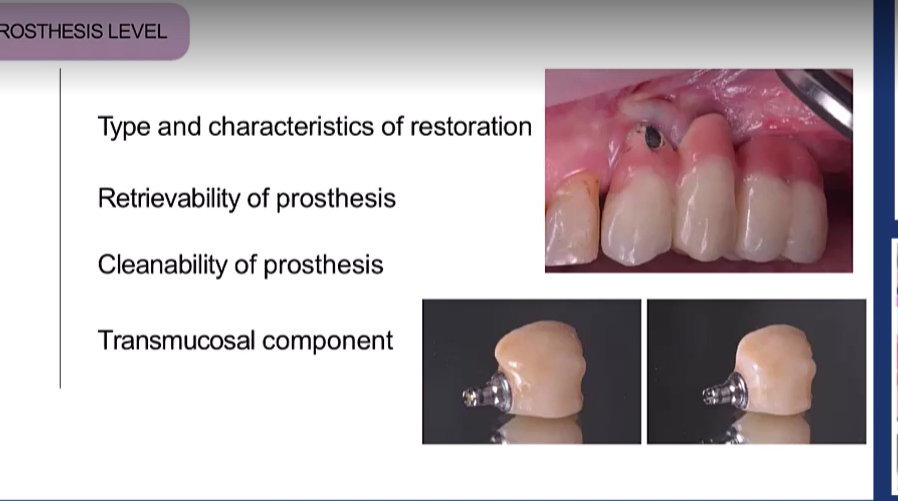 <ul><li><p><strong>Type </strong>and <strong>Characteristics</strong> of restoration</p></li><li><p><strong>Retrievability</strong> of prosthesis</p></li><li><p><strong>Cleanability </strong>of prosthesis</p></li><li><p>Transmucosal components&nbsp;</p></li></ul><p>these are factors you can control</p>