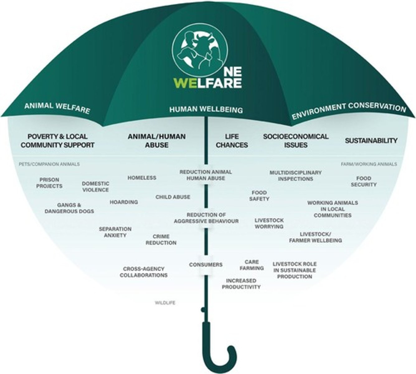 <p>Links animal welfare, human wellbeing, and environment.</p>