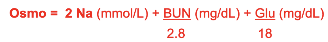 <p>addresses issues of hydration &amp; [Na<sup>+</sup>]. considers only common solute measurements from BMP (will be different from measured osmo). contributions from Ca, Mg, &amp; their anions are ignored. can be more crudely approximated as 2 x Na</p>