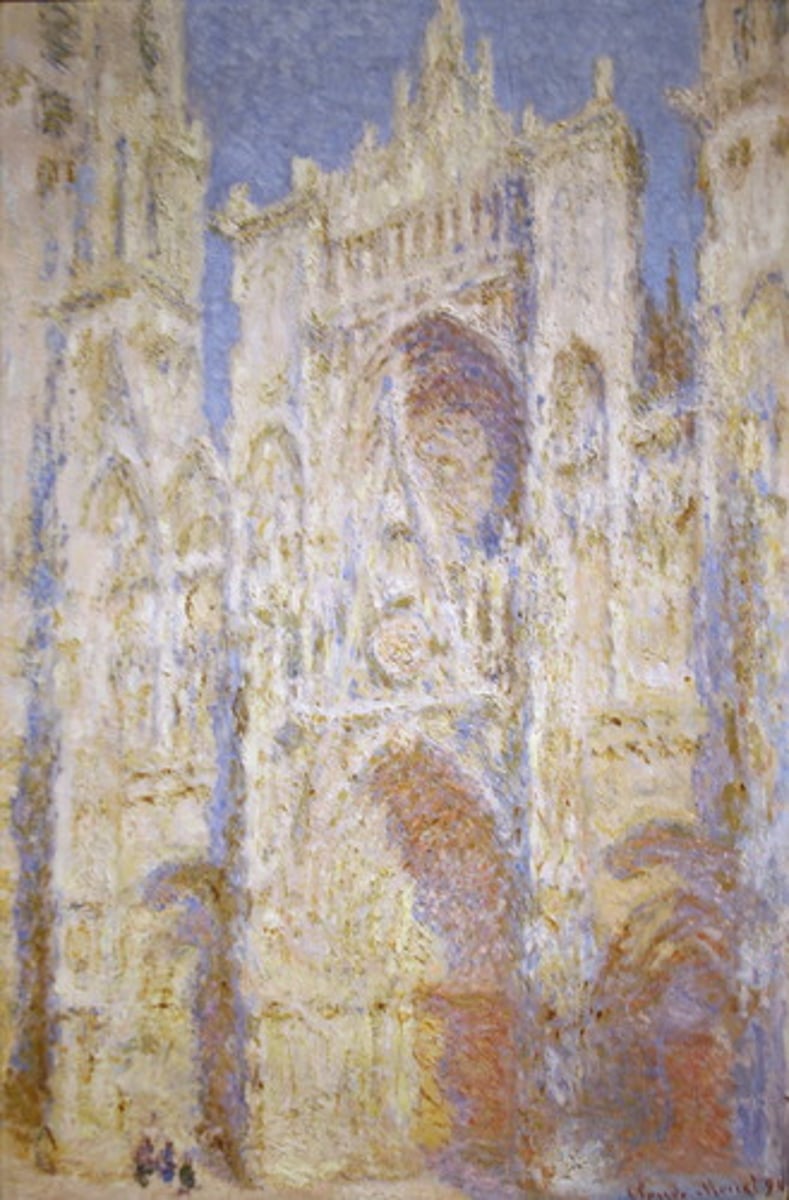 <p><span>Impressionism</span></p><p>Part of a series</p><p>He captures things at different seasons</p><p>This is in the spring</p><p>Trying to show how light makes a building look different</p><p>He does the same thing with a lot of different paintings</p>