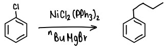 <p>An Ar-X reacts with a Grignard reagent in the presence of a catalyst (Pd, Ni, Fe) to form a new C-C bond.</p>