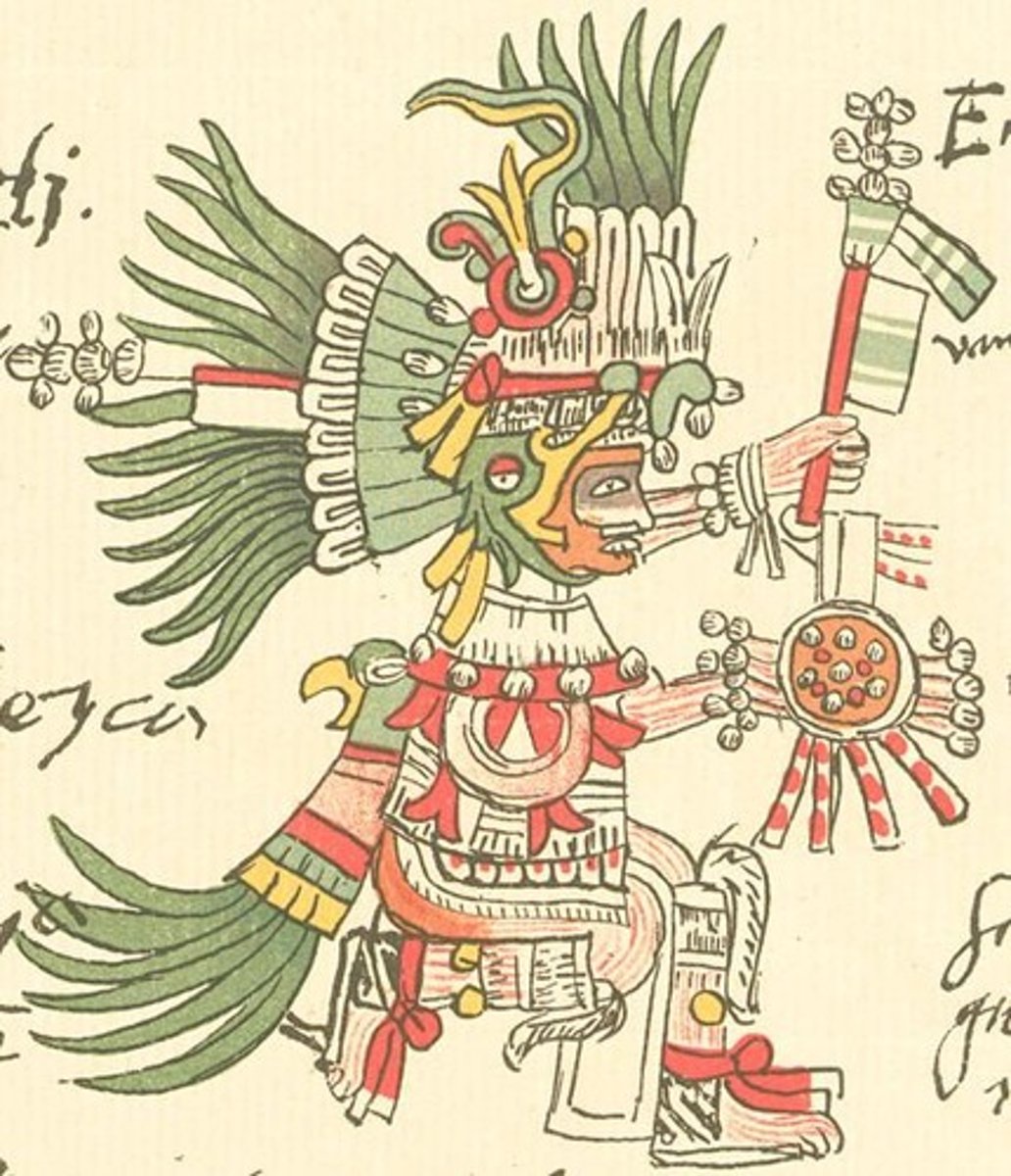 <p>an Aztec god of the sun and war; sometimes represented as an eagle or as a hummingbird</p>