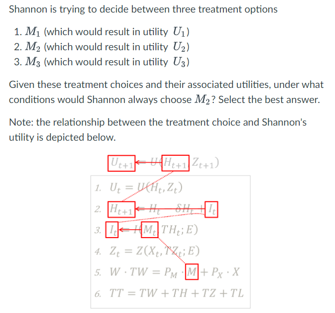 <ol><li><p>U2 > U1 and U2 > U3</p></li><li><p>U2 > 0</p></li><li><p>U3 > U2 and U1>U2</p></li><li><p>U1>U2>U3</p></li><li><p>U3>U2>U1</p></li><li><p>Shannon would never select this treatment</p></li></ol><p></p>