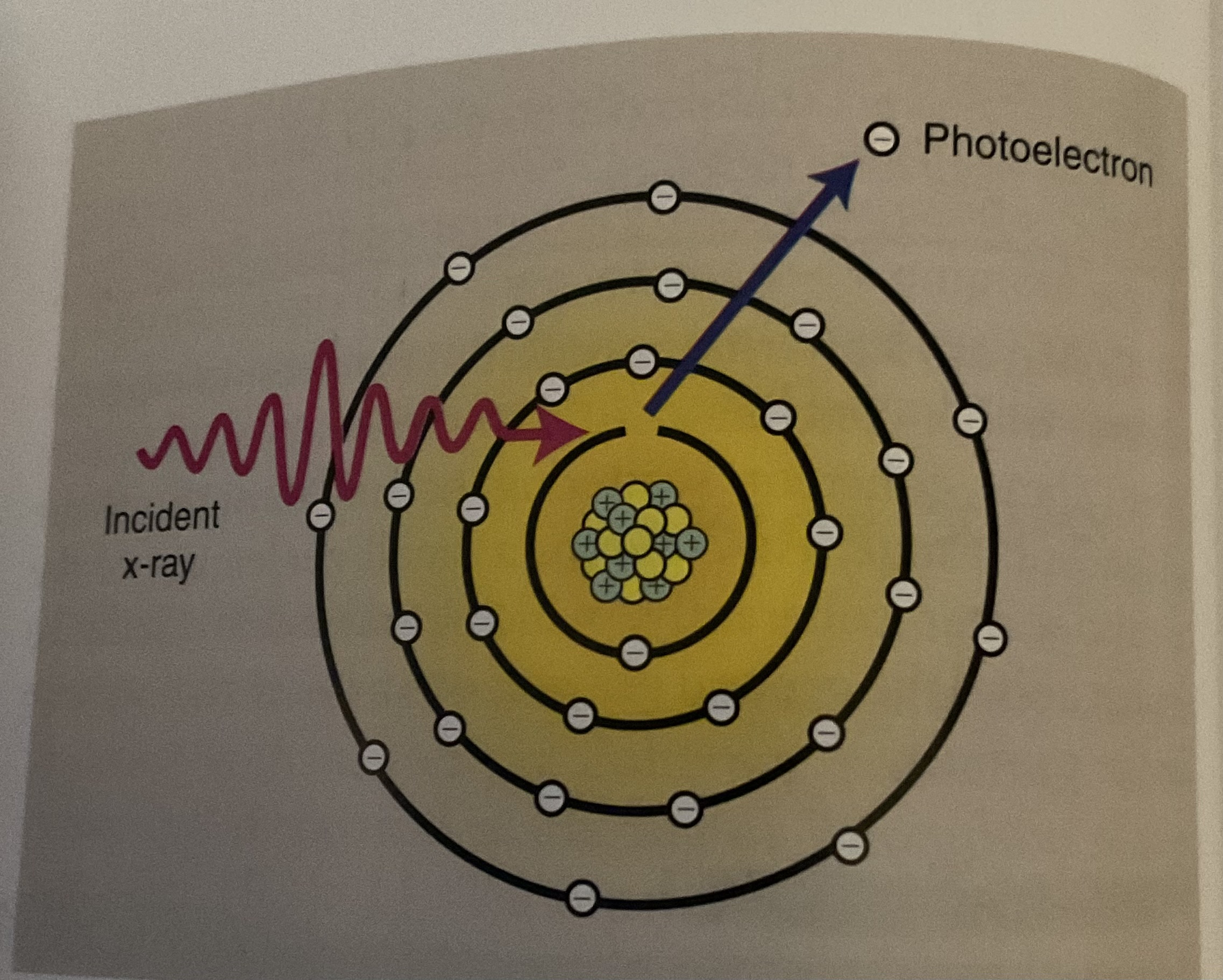<p>Occurs when an incident X-ray is totally absorbed after interacting with an inner shell electron.</p><p>-The incident photon disappear, and the K shell electron is NOW called a photo electron ejected from the atom. (Escapes with kinetic energy equal to the the energy of the incident x-ray, and the binding energy of the electron)</p><ul><li><p><strong>characteristic x-rays are produced after photoelectric interaction</strong></p></li></ul>