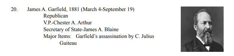 <p>GILDED AGE: 1877-1900</p><ul><li><p>Assassination: Garfield was assassinated just six months into his presidency by Charles Guiteau, a disgruntled office seeker.</p></li></ul>