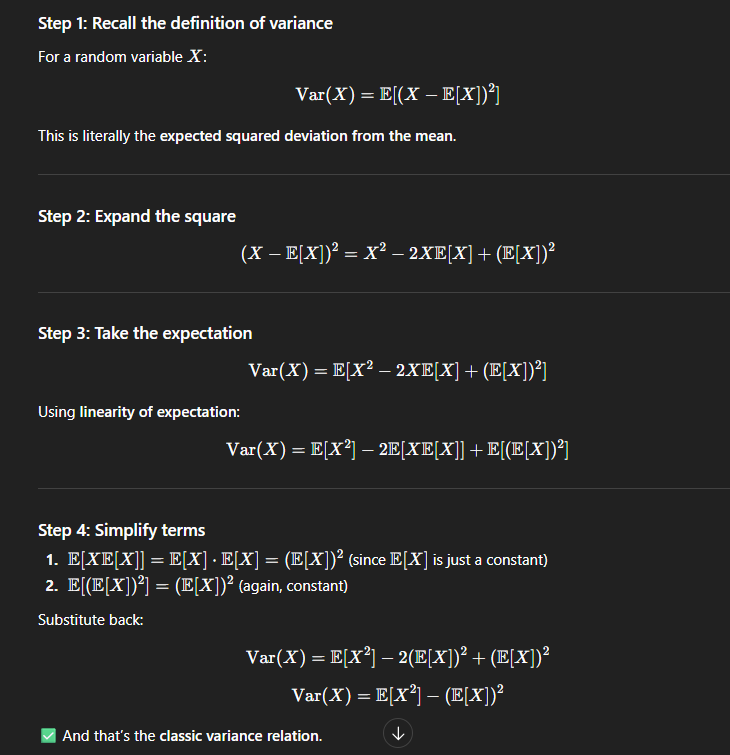 <p>VAR[X]&nbsp; = E[(X-E[X])²]= E[X²] - (E[X])²</p><p>The proof is in the image.</p>