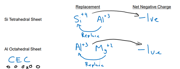 <p>Replacement of atoms with similar size, but different charge (valence)</p><p>Leads to Cation Exchange Capacity (CEC)</p><ul><li><p>Buffering capacity</p></li><li><p>Fertility, nutrient availability</p></li></ul><p>Phyllosilicate clays</p><ul><li><p>Results in CEC</p></li></ul>