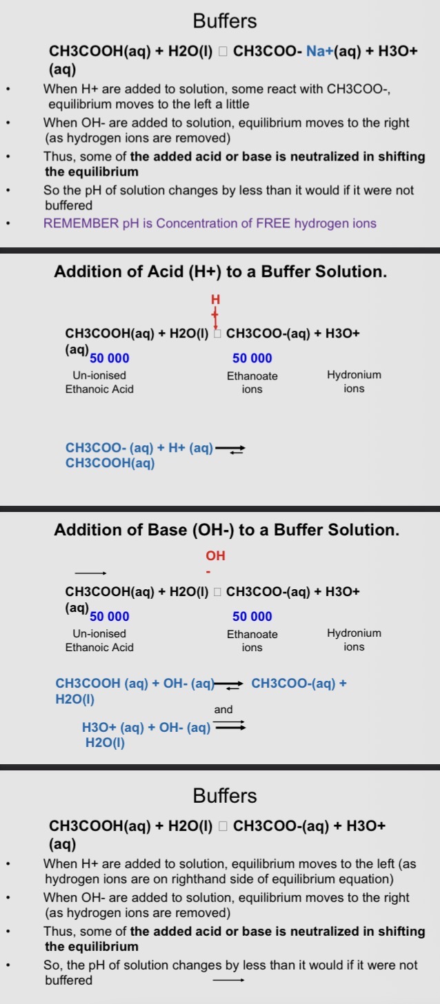 <ul><li><p><span>• <strong>Buffer solution</strong> - solution which resists large changes in pH when small volumes of acids or bases are added.</span></p><p><span>• Buffers consist of either:</span></p><p><span>• <strong>a weak acid and its salt <em>or</em> a weak base and its salt</strong></span></p><p><span>• Buffers are essential to life and biochemical reaction</span></p></li></ul><p></p><p><span>• <strong>Buffer solution</strong>: an aqueous solution consisting of a</span></p><p><span>mixture of a weak acid and its conjugate base or a weak</span></p><p><span>base and its conjugate acid</span></p><p><span>• Buffers mean that pH of solution changes very little when a</span></p><p><span>small amount of acid or base is added to it</span></p><p><span>• Buffer solutions are used as a means of keeping pH at a</span></p><p><span>nearly constant value in <strong>biochemical applications</strong></span></p><p><span>• Buffers are in cells and blood to maintain physiological pH</span></p><p><span>– E.g. blood plasma is at pH 7.4 via bicarbonate-carbonic acid</span></p><p></p>