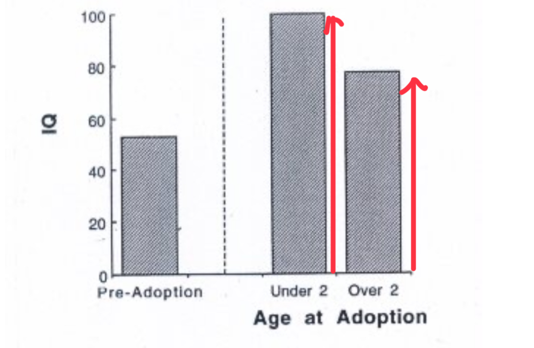 <p>Studied 89 children who were intilectually disabled (IQ of 53) aged 1-6. IQ was tested two years later after adoption. Earlier age of adoption better the outcome.</p>