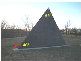 <p><span>Find the measure of the exterior angle, formed by the sculpture and the ground, marked below in red.</span></p>