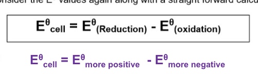 <ul><li><p>first part is to choose two half equations + decide what the overall (feasible) redox reaction is when they combine </p></li><li><p>then we consider the E⍬ values long with a straight forward calculation: </p></li></ul><p></p>
