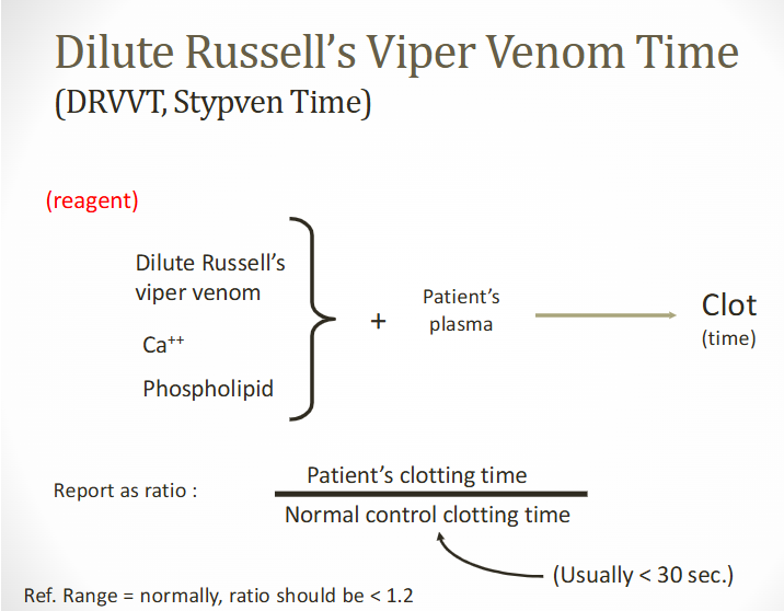 <ul><li><p><span>Venom from the russell viper (daboia ruesselii)</span></p></li><li><p><span>Reagent</span></p><ul><li><p><span>Dilute russell's viper venom, CaCl2, phospholipids (low level)</span></p></li><li><p><span>Added to patient's PPP</span></p></li></ul></li><li><p><span><strong><u>Activated FX to produce clot</u></strong></span></p></li><li><p><span><strong><u>Used to confirm LA/aPL</u></strong></span></p></li></ul><p></p>