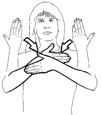 Start with both hands flat, palm facing
you, above your shoulders and then
move them down from the elbows
until they cross before your chest
