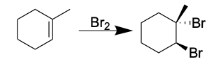 <p>Two bromides are added on opposite sides of the alkene through anti addition</p>