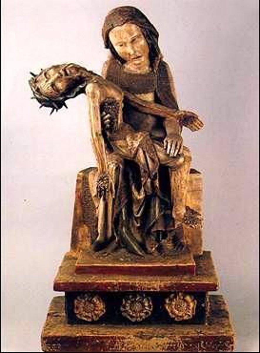 <p>Form:<br>-painted wood<br>-Medieval/Gothic and realistic<br>Content:<br>-Mary holding her dead son after Cruxifiction<br>-Mary is pained and anguished<br>Functions:<br>-versperbils (German devotional)<br>-feel the pain she feels<br>-intended to be used in contemplation and prayer<br>-devotional image<br>-shows them closer to the humanity side<br>Context:<br>-Bonn, Germany 1300<br>-German Gothic</p>