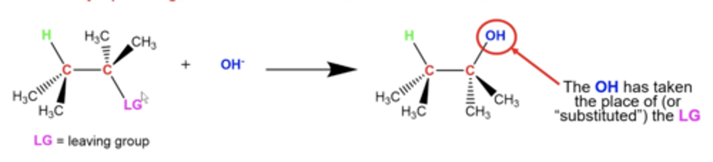 <p>Some nucleophile (the thing that does the attacking with its e-) will replace a leaving group in a molecule</p>