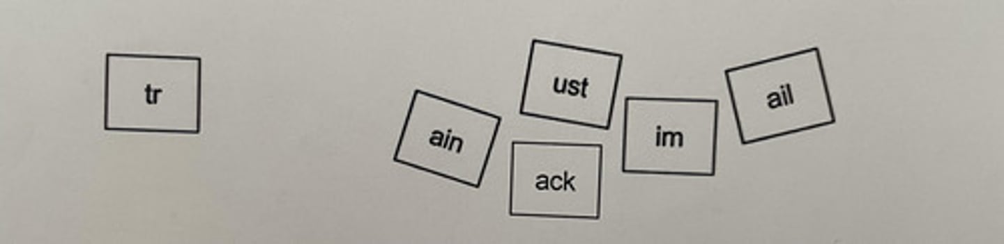 <p>b. onset and rime -In this activity, the students are using onset and rime. Onsets are the beginning consonant and constant cluster; in this case, (tr) is the onset. Rime is the VOWEL and consonant that follow. </p>