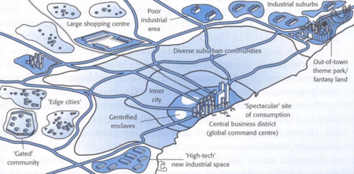 <p>A collection of urban and suburban areas, all dispersed but connected by highways, that have become highly specialized</p>