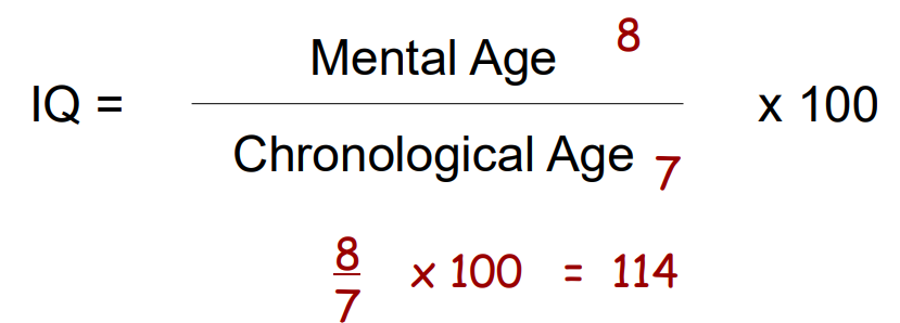 <ul><li><p>Mental Age (MA)</p><ul><li><p>The average age at which children achieve a given score on Binet and Simon’s test</p></li></ul></li><li><p>Intelligence Quotient (IQ):</p></li></ul><p></p>