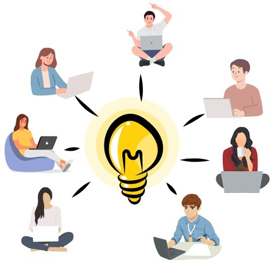 <p>the practice of <u>obtaining input or information</u> from a large number of people via the Internet.</p>