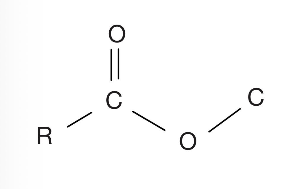 <p>Carbon with an oxygen double bond and connected to a carbon or hydrogen, and connected to an oxygen which is connected to another carbon that is never in a double bond</p>