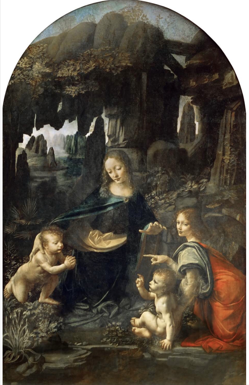 <p>da Vinci, “The Virgin of the Rocks”, c. 1485, oil on panel. </p><p>Commissioned by the Confraternity of the Immaculate Conception, a lay brotherhood, for their chapel in the church of San Francisco Grande in Milan, this version of the painting was never delivered. Portrays an imagined meeting of John the Bapist and Jesus as infants in the presence of the Virgin and an angel, the figure are at the edge of a pond, framed by a grotto. Characteristic of the High Ren: balanced pyramidal comp, complexity of the poses, use of atmospheric perspective. Characteristic of Leos interests and technique: the landscape, whch is not a specific location but based upon his extensive studies of the natural world, and the use of 'sfumato’ (italian for smoky), a variant of chiaroscuro, it is more subtle in its transitions of color and tone, producing an overall atmospheric quality from which form and volume emerge.</p>