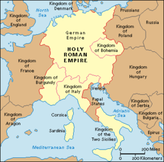 <p>An empire established in Europe in the 9th century, originally consisting mainly of lands in what is now Germany and Italy; attempt to revive the Roman Empire by Charlemagne. Famous for being neither holy, nor Roman, nor an empire--always decentralized, fighting, some of its legacy carries over into the Balkans today</p>