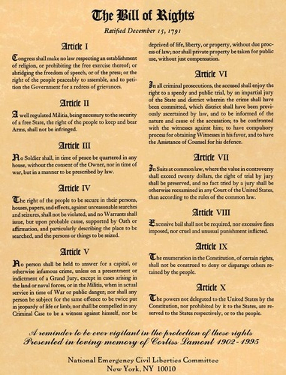 <p>A formal statement of the fundamental rights of the people of the United States, incorporated in the Constitution as Amendments 1-10, and in all state constitutions.</p>