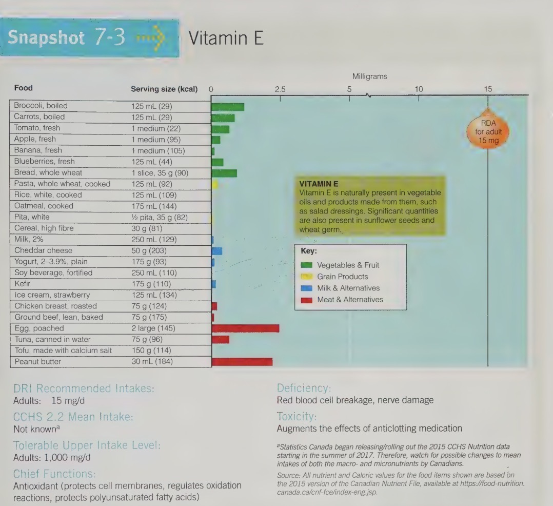 <ul><li><p>Vitamin E is found wide-spread in foods (e.g., vegetable oils [canola, safflower, sunflower], vegetables and fruits, fortified cereals/grains, meat and alternatives, and milk products). Heat processing destroys Vitamin E, so most processed, fast foods, deep fried foods and convenience foods retain little intact vitamin E.</p></li></ul><p></p>