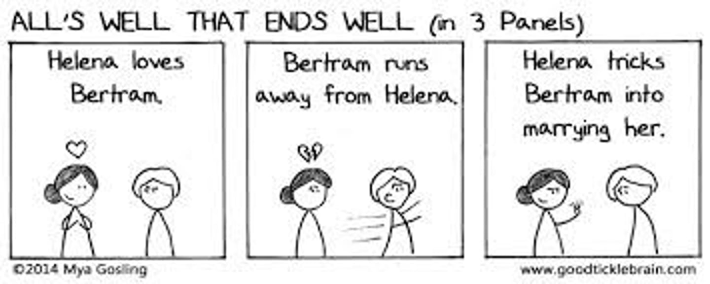 <p>Helena loves Bertram, who leaves to attend to the King. Helena goes to Paris to try to cure the King's fistula, which has resisted all cures. If she fails, she will be executed; if she succeeds, she may marry any courtier. She succeeds, but But Bertram spurns her unless she can obtain his ring, which she does through a ruse/trick</p><p>Comedy</p>