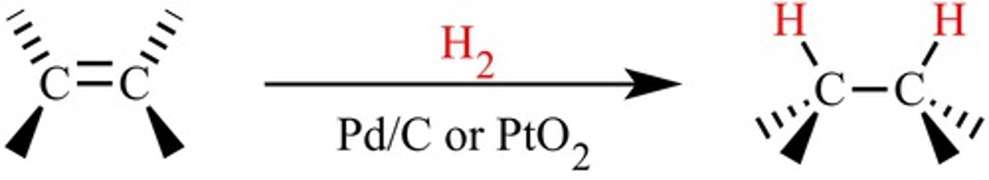 <p>reducing an alkene by adding molecular hydrogen to double bond with aid of metal catalyst. e.g. pt, pd, ni. takes place on surface of metal so it does syn addition, gets us to a single bond</p>