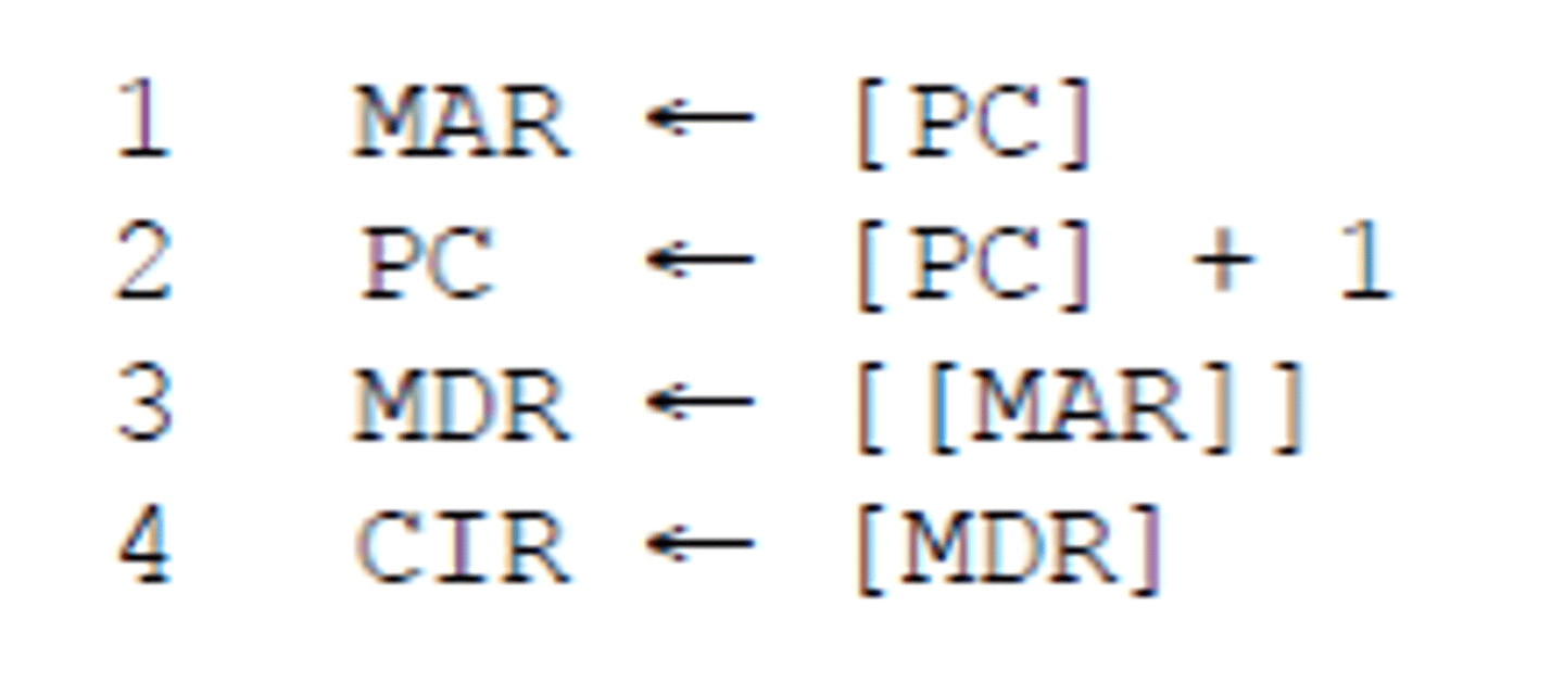 <p>Notation used to describe the transfers between registers</p><p>[register] denotes contents of the specified register or memory location</p><p>Step 1 is read as "the contents of the Program Counter are copied to the Memory Address Register"</p><p>Double brackets means the data stored at the address held in MAR is copied into the MDR</p>