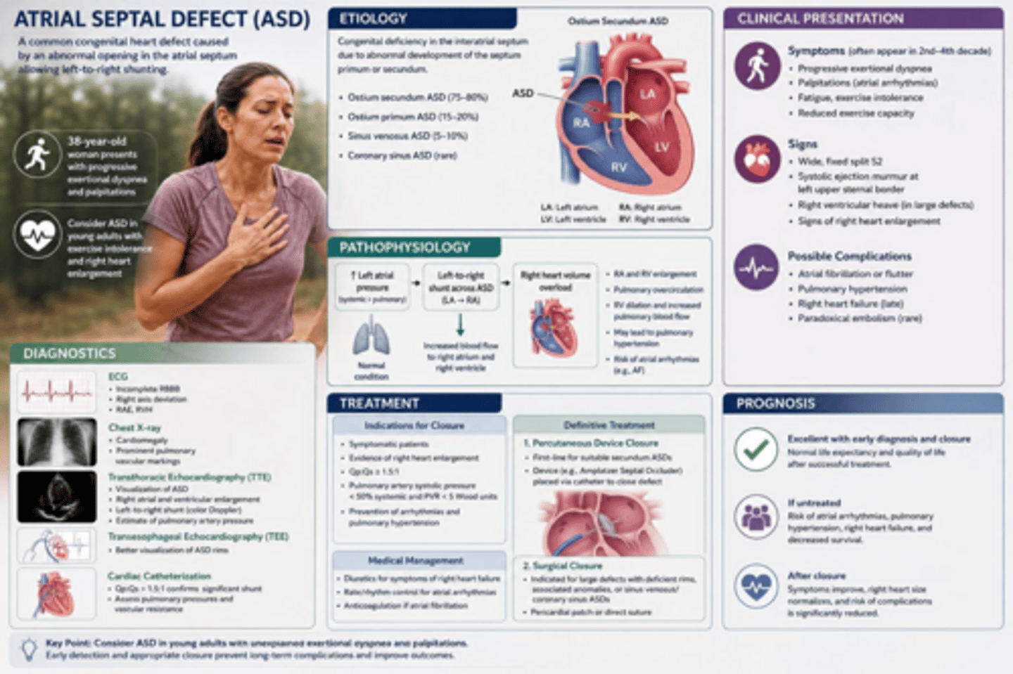 <p>It leads to RV volume overload, pulmonary overcirculation, and potential atrial enlargement.</p>