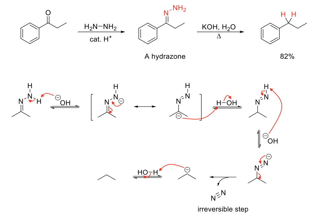 <p><strong>Notes:</strong></p><p>Imine fromation using H<sub>2</sub>N-NH<sub>2 </sub>forms a hydrozone which can undergo Wolff-Kishner Reduction.</p><p>Removes =N-NH<sub>2 </sub>and replaces it with 2 H.</p><p></p><p><strong>Mechanism:</strong></p><p>=N-NH<sub>2 </sub>is deprotonated. Resonance causes C to have - charge. - charge on C protonated. -N=N-H deprotonated. Formation of N=N bond kicks out N<sub>2</sub>. - charge on C protonated.</p>