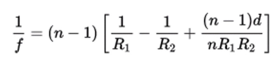 <p><strong>Ray diagrams</strong></p><p>lens maker equation (air): </p><p>d = thickness of the lens, is a big factor</p>