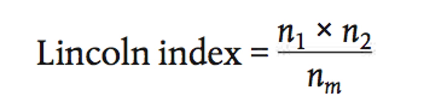 <p>n1 = number caught and marked first sample</p><p>n2 = number caught second sample</p><p>nm = number marked on second sample</p>