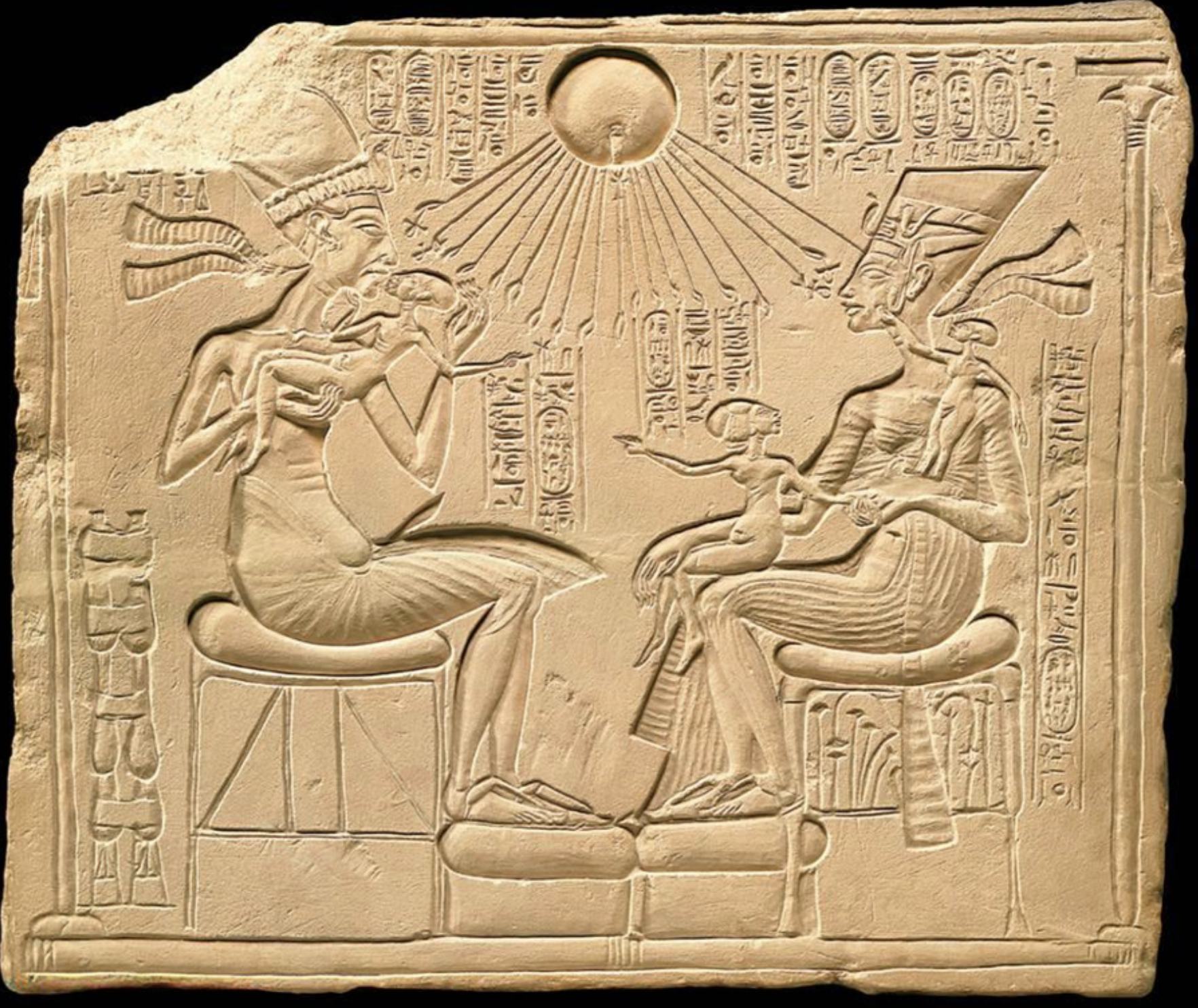 <p>Akhenaten and Nefertiti and their daughter's relief from Akhetaten </p>