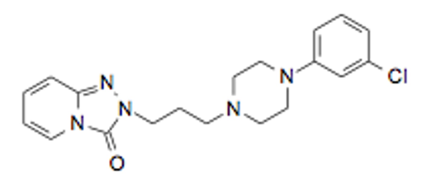 <p>- SARI</p><p>- potent 5-HT2A antagonist and weak SERT inhibitor</p><p>- metabolized in liver by CYP3A4 to produce 4 major metabolites</p><p>- metabolite mCCP is a psychoactive drug of the phenylpiperazine class; metabolized by CYP2D6</p><p>- mCPP possesses significant affinity for 5-HT receptors and SERT, acts as an agonist at most 5-HT receptors, but may contribute to side effect profile of trazodone including blurred vision, dizziness, nausea, dry mouth, headache, somnolence, fatigue, etc.</p>