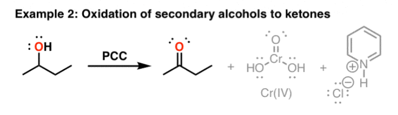 <ul><li><p>Cr(VI) oxidatie</p><ul><li><p>alc + CrO<sub>3</sub> → chromaatester</p></li><li><p>chromaatester + PCC →</p><ul><li><p>keton</p></li><li><p>Cr(IV) → Cr(III)</p></li></ul></li></ul></li></ul><p></p>